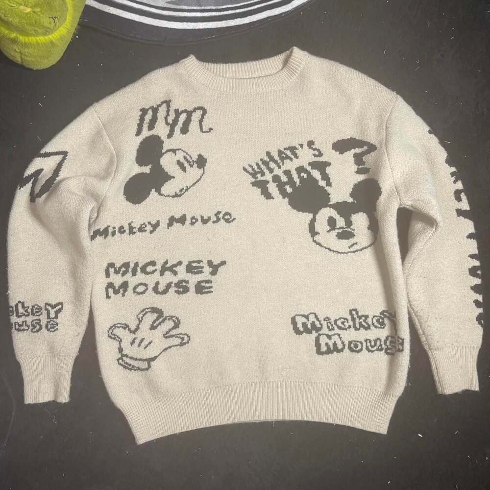 Mickey Mouse Cream Knit Sweater, Rare Doodle Graphic Print, Disney Collectible